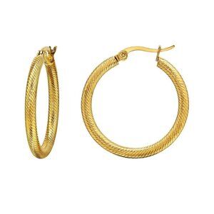 Gold Twisted Hoop Earrings Textured 316L Stainless Steel Hoops 30mm